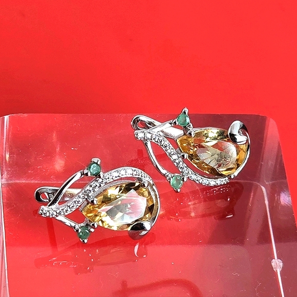 Natural Citrine & Emerald 925 Sterling Silver Set of Ring (Sz 8) & Earrings. - Picture 6 of 12